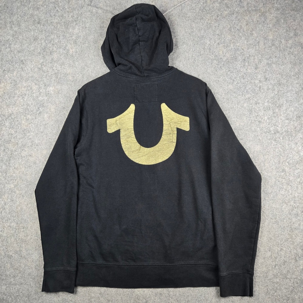 True Religion Zip Up Hoodie Mens XL Black Gold Big Horseshoe Logo Y2K Streetwear